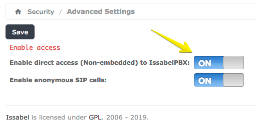 Enable non embedded IssabelPBX access